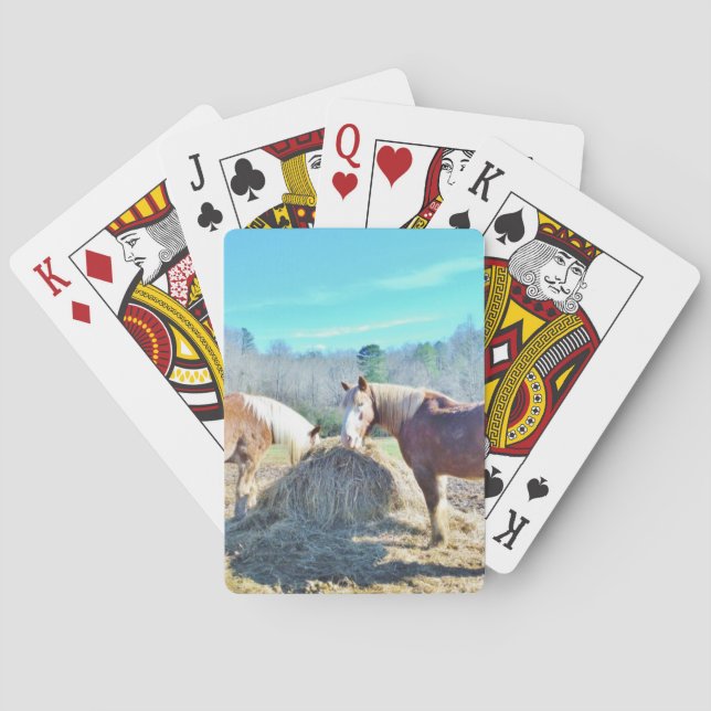 Rescued Draft Horses eating hay Poker Cards (Back)