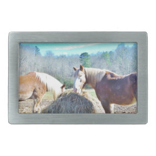 Rescued Draft Horses eating hay Rectangular Belt Buckle