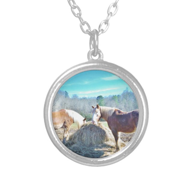 Rescued Draft Horses eating hay Silver Plated Necklace (Front)