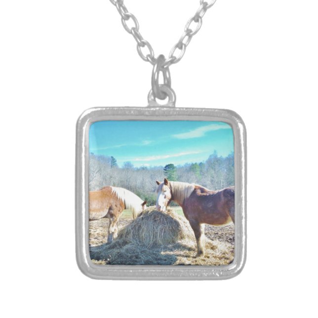 Rescued Draft Horses eating hay Silver Plated Necklace (Front)
