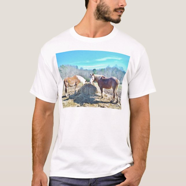 Rescued Draft Horses eating hay T-Shirt (Front)