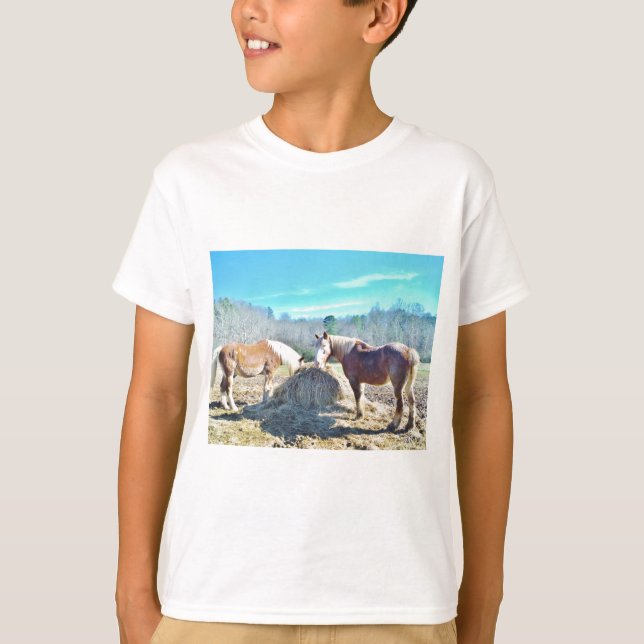 Rescued Draft Horses eating hay T-Shirt (Front)