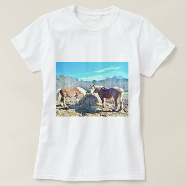 Rescued Draft Horses eating hay T-Shirt (Design Front)
