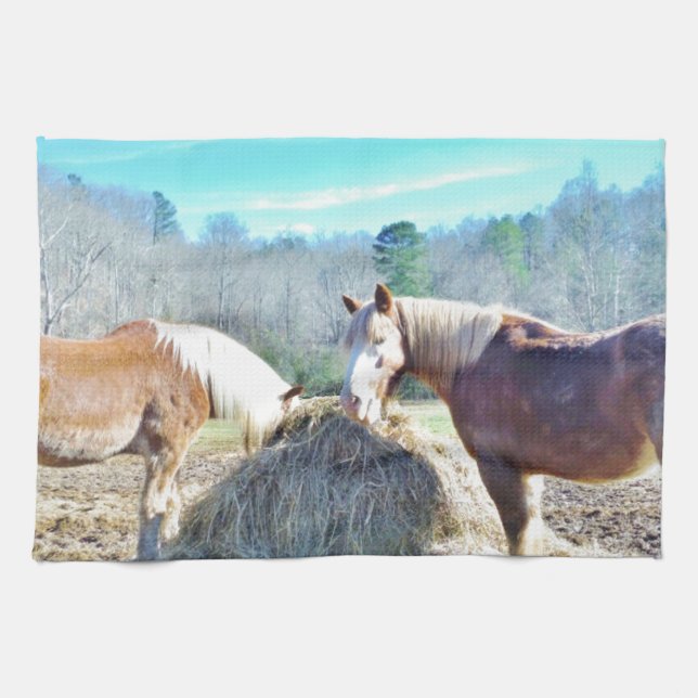 Rescued Draft Horses eating hay Towel (Horizontal)