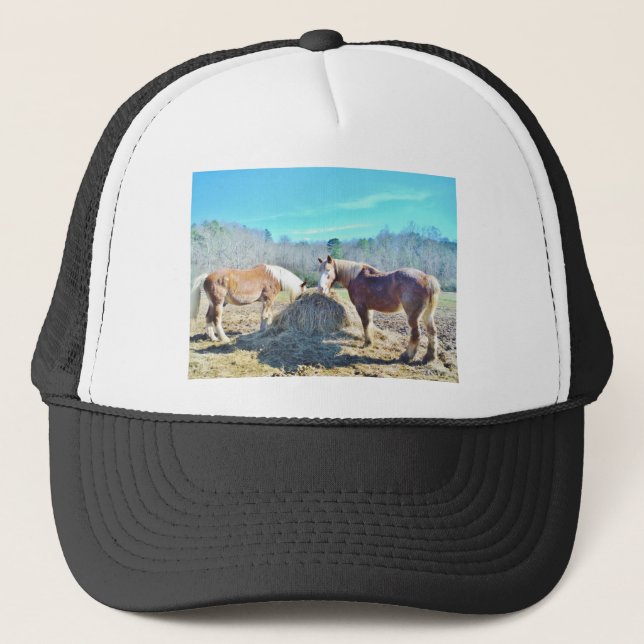 Rescued Draft Horses eating hay Trucker Hat (Front)