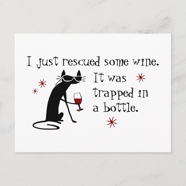 Rescued Some Wine Funny Quote with Black Cat Postcard (Front)