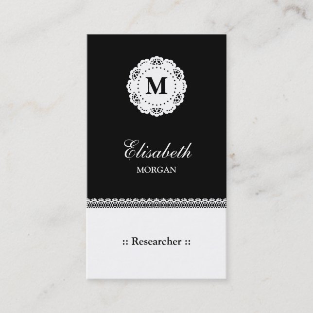 Researcher Black White Lace Monogram Business Card (Front)