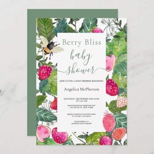 Reseda Green Strawberries Floral Frame Baby Shower Invitation