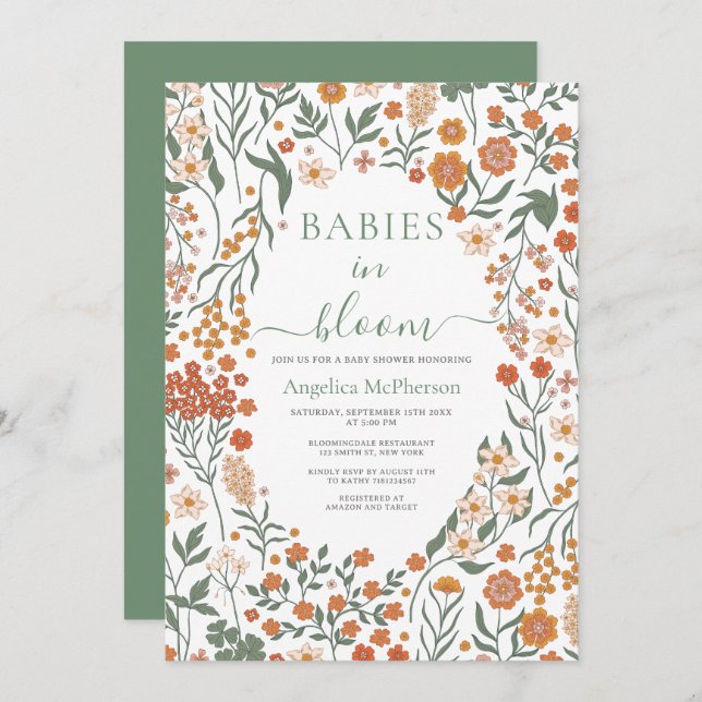 Reseda Green Wild Flowers Frame Babies in Bloom Invitation (Front/Back)