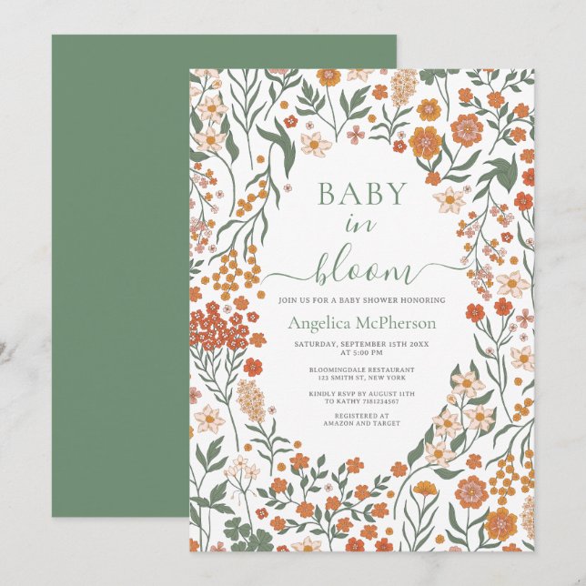 Reseda Green Wild Flowers Frame Baby in Bloom Invitation (Front/Back)