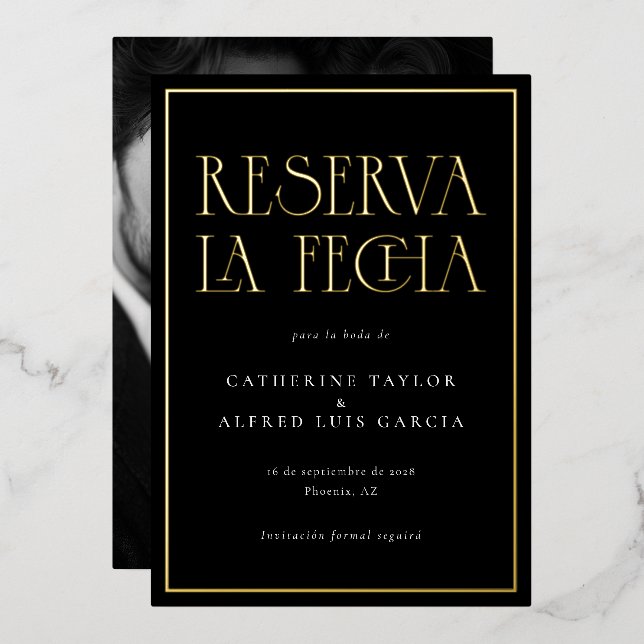 Reserva La Fecha Black White Spanish Wedding Photo Foil Invitation (Front/Back)