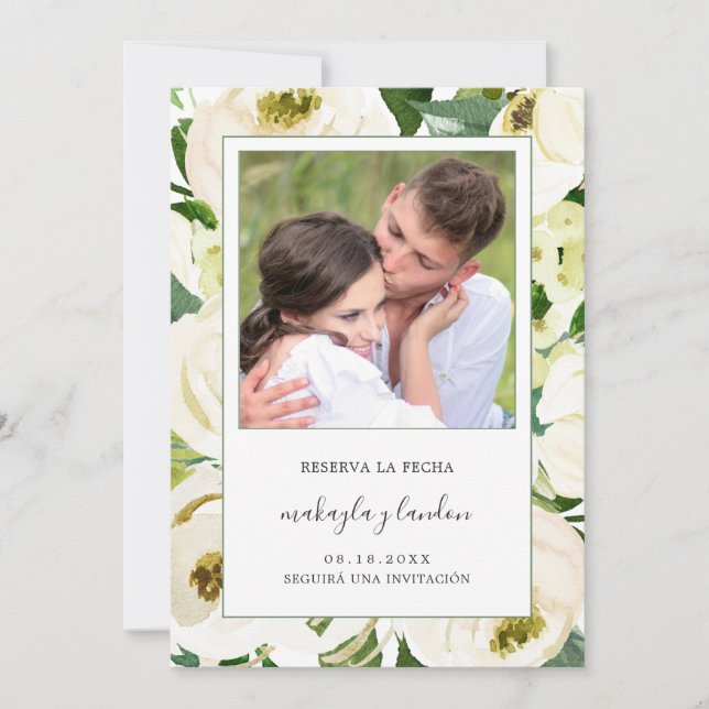 Reserva la Fecha Elegant WhiteFloral Photo Spanish Save The Date (Front)