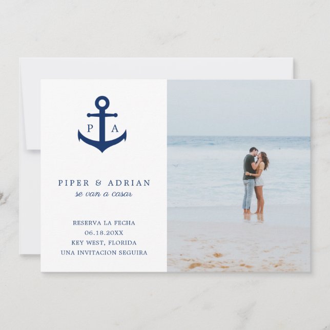 Reserva La Fecha Nautical Anchor Monogram Photo Save The Date (Front)