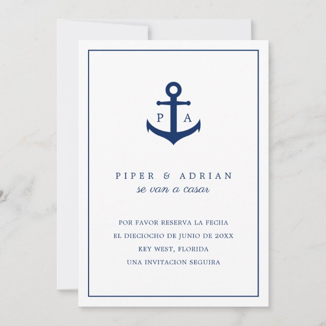 Reserva La Fecha Nautical Anchor Monogram Spanish Save The Date (Front)