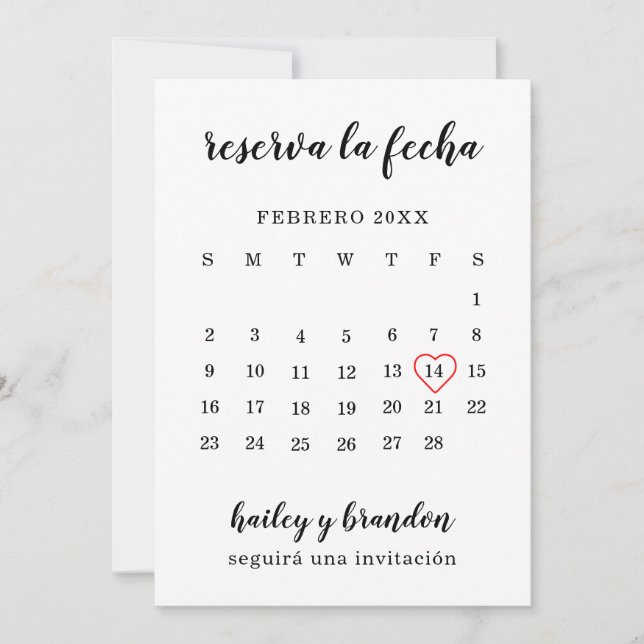 Reserva la Fecha Simple Calendar Red Heart Spanish Save The Date (Front)