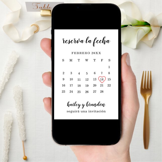 Reserva la Fecha Simple Calendar Red Heart Spanish Save The Date (Front Digital)