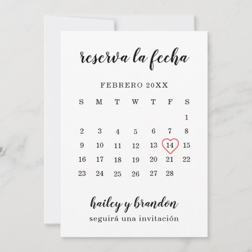Reserva la Fecha Simple Calendar Red Heart Spanish Save The Date