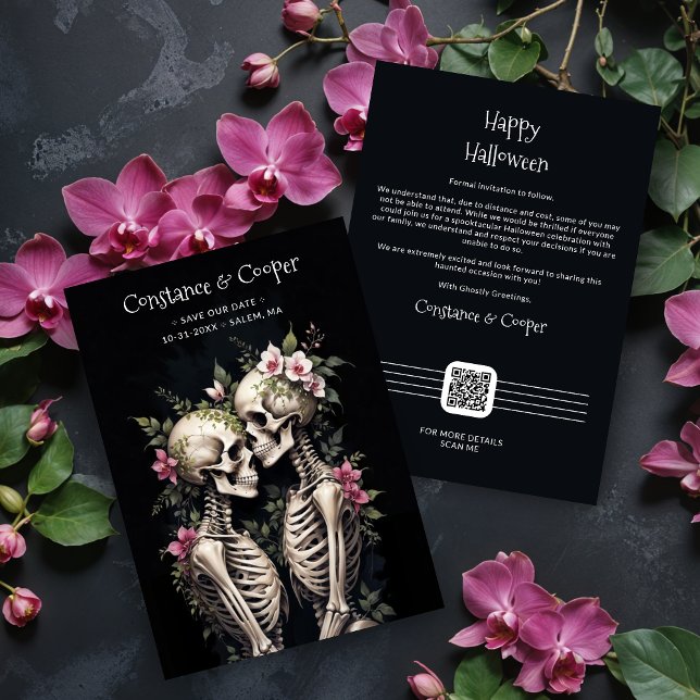 Reserva La Fecha Two Romantic Gothic Human Skeletons Embracing (Two Romantic Gothic Human Skeletons Embracing Surrounded By Lush Floral Arrangements Save the Dates.)