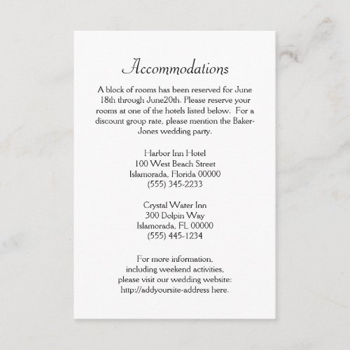 Reservations and Accommodations Wedding Cards