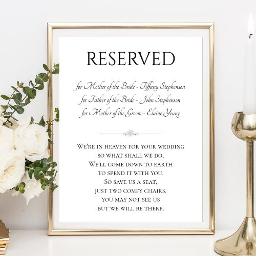 Reserved Chair With Names Memorial Wedding Poster