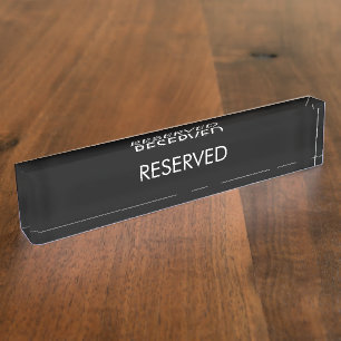 Reserved, custom name text black white elegant desk name plate