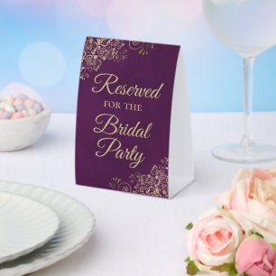 Reserved for the Bridal Party Plum Purple & Gold Paper Table Tent
