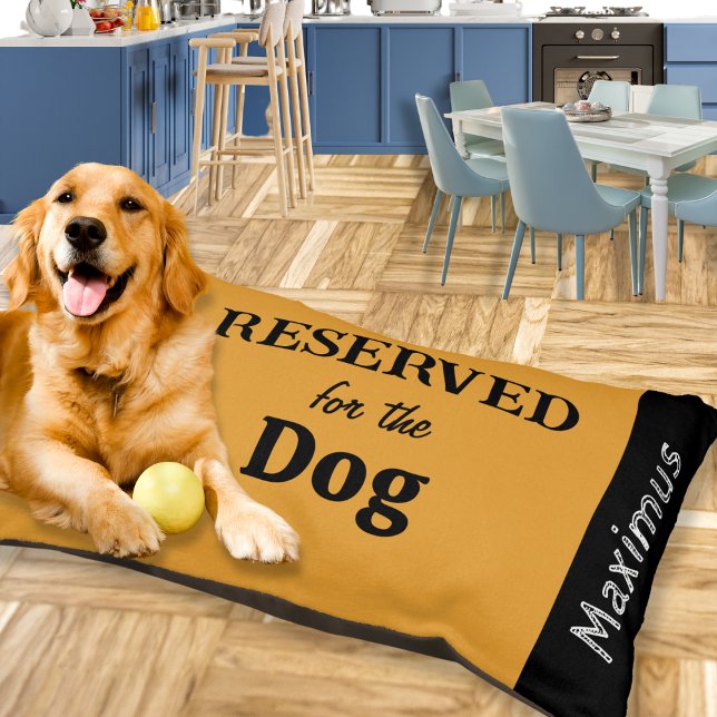 Reserved for the Dog Modern Yellow Personalized Pet Bed (A stylish dog bed in yellow, with 'Reserved for the Dog' caption. Personalize with your pet's name.)