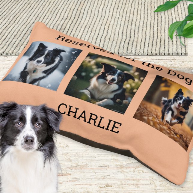 Reserved for the Dog Multi Photo Collage Pet Bed (Photo collage dog bed in peach, with 'Reserved for the Dog' words and personalized with a name)