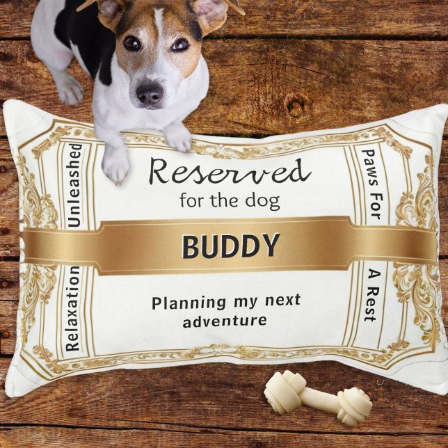Reserved for the Dog White Faux Gold Ticket Cute Pet Bed (A stylish personalized pet bed with 'Reserved for the dog' caption and faux gold accents)