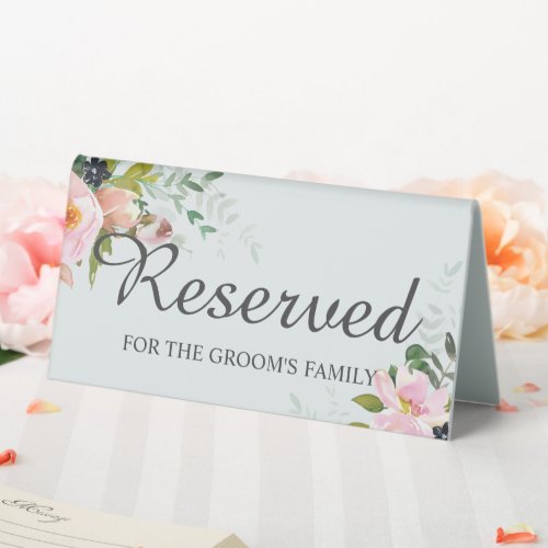 Reserved for the Grooms Family Floral Blue Table Tent Sign