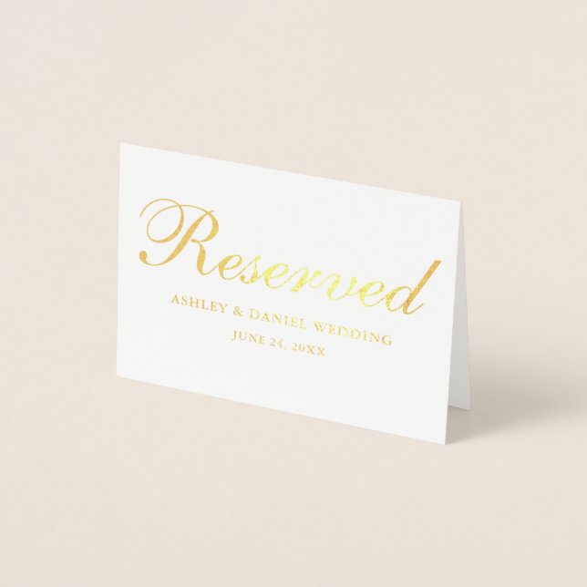 Reserved Gold Foil Wedding Names Date Table Card (Front)