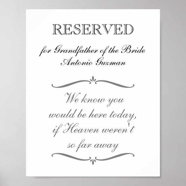 Reserved Grandfather of Bride Memorial Wedding Poster (Front)