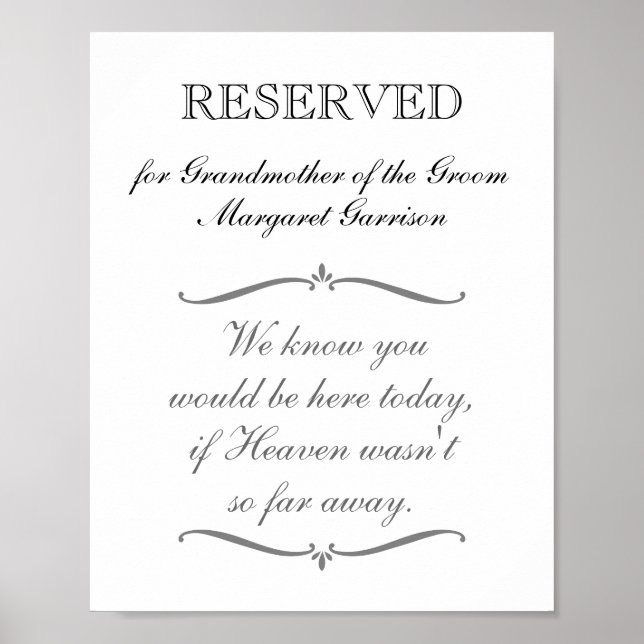 Reserved Grandmother of Groom Memorial Wedding Poster (Front)