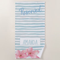 Reserved Grey Watercolor Stripe Pink Floral Name Beach Towel