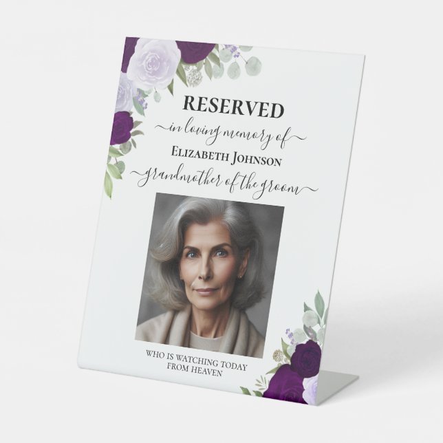 Reserved in Loving Memory Purple Roses Wedding Pedestal Sign (Front)