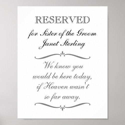 Reserved Seat Sister of Groom Memorial Wedding Poster