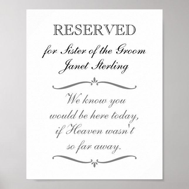 Reserved Seat Sister of Groom Memorial Wedding Poster (Front)