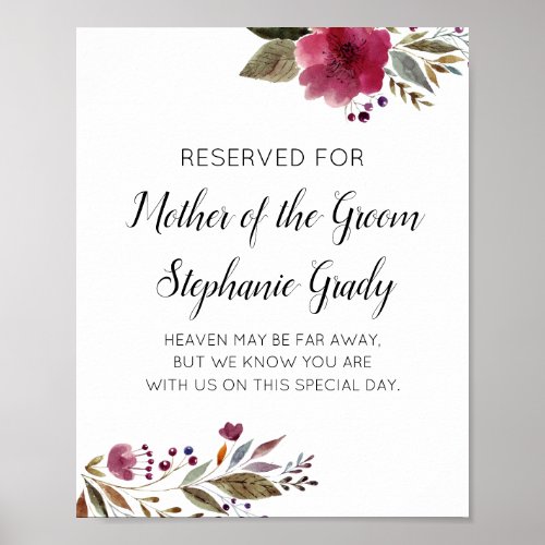 Reserved Sign For Mother of Groom Burgundy Wedding