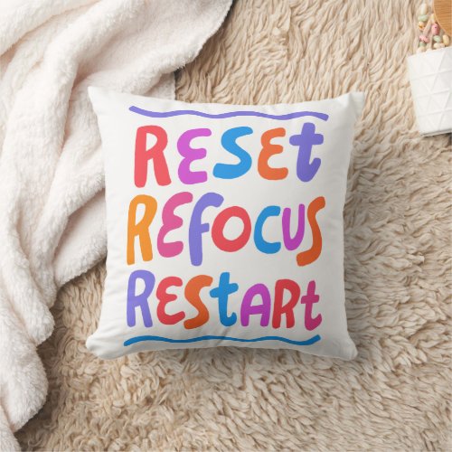 RESET REFOCUS RESTART Cheerful Fun Bubble Letters  Throw Pillow