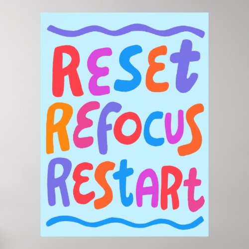 RESET REFOCUS RESTART Colorful Fun Bubble Letters Poster