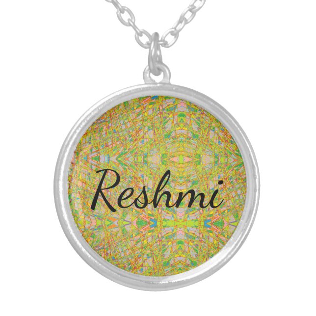 Reshmi name with abstract art background silver plated necklace (Front)