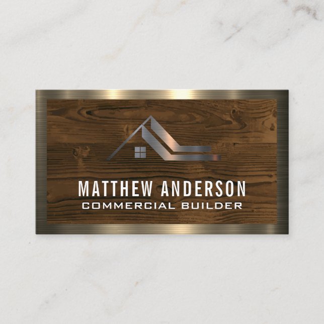 Residential Property Homes | Wood Gold Metal Trim Business Card (Front)