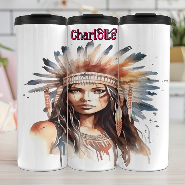 Resilient Indigenous Maiden Watercolor Portrait Thermal Tumbler (Creator Uploaded)