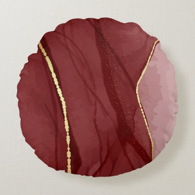 Resin art, dark red marsala abstract background. E Round Pillow (Front)
