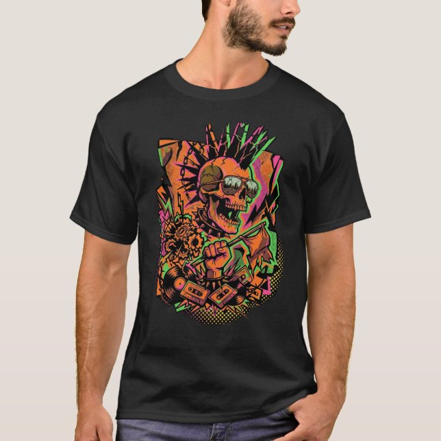 Resist & Create Shirt Punk Skull Graphic Tee, Neon (Front)