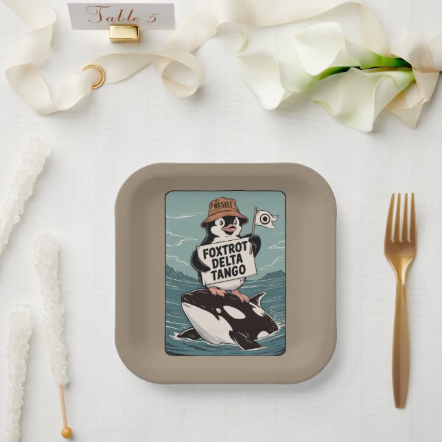 Resist Penguin Activism Vintage Protest  Paper Plates (Wedding)
