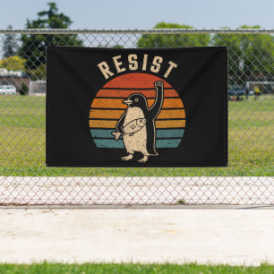Resist Penguins Protest Against Tariffs Banner