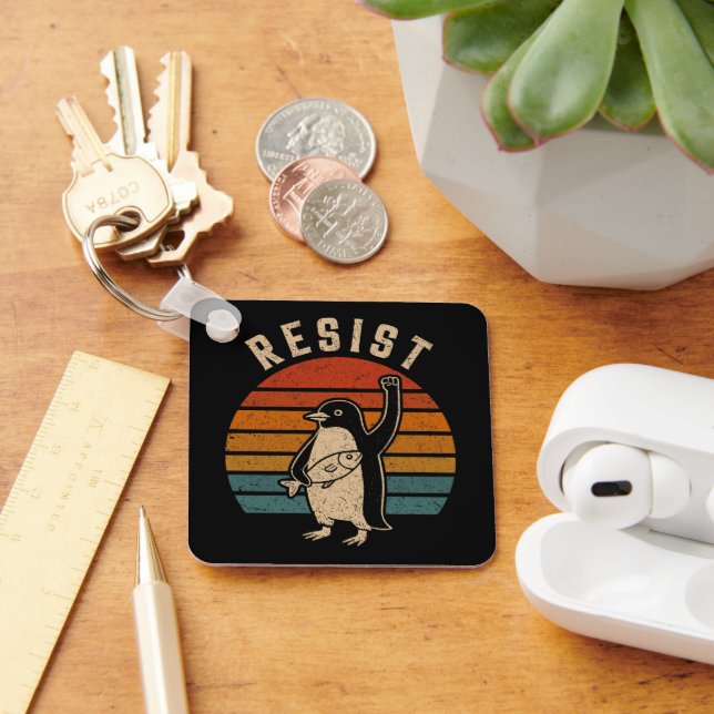 Resist Penguins Protest Against Tariffs Keychain (Desk)