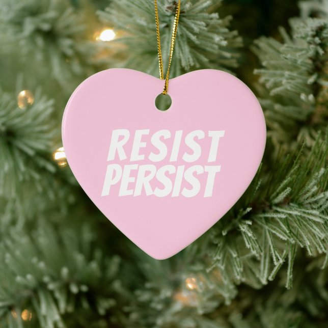 Resist Persist light pink cute heart Christmas Ceramic Ornament (Tree)