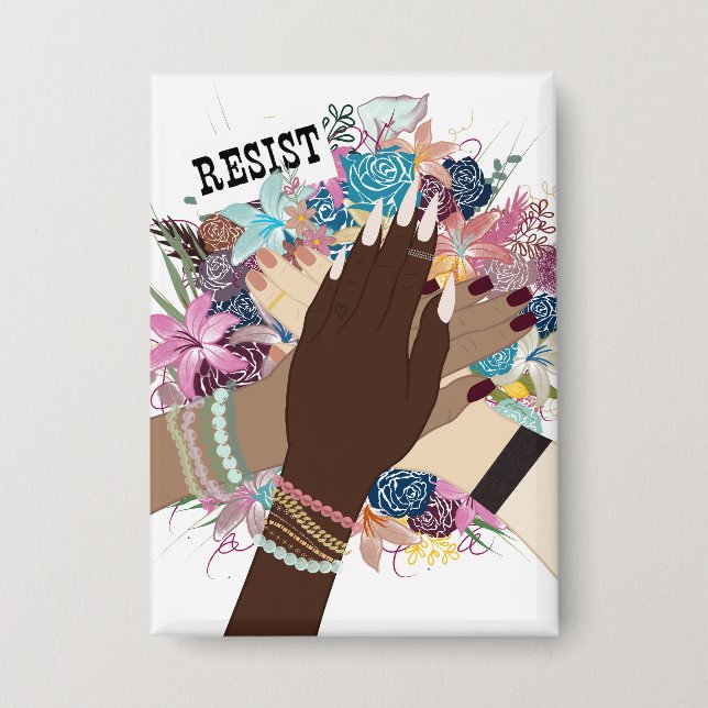 Resist Together – Floral Feminist Activism Art Button (Front)
